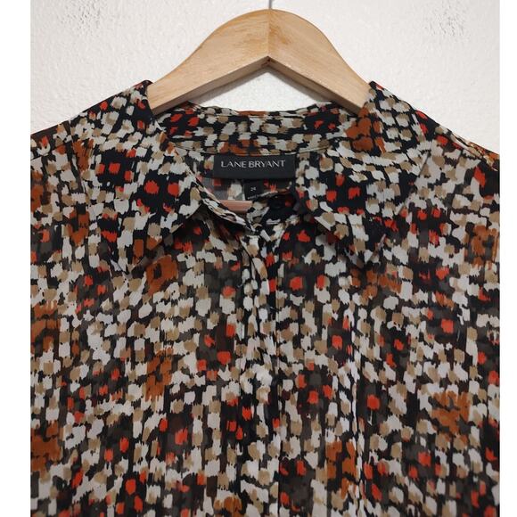 Lane Bryant Black Brown Red Abstract Sleeveless Sheer Button Front Top Size 24 - Picture 6 of 9